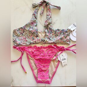 NWT Anthropologie PilyQ Aria Paisley Halter Lace Tie Pink Bikini Set